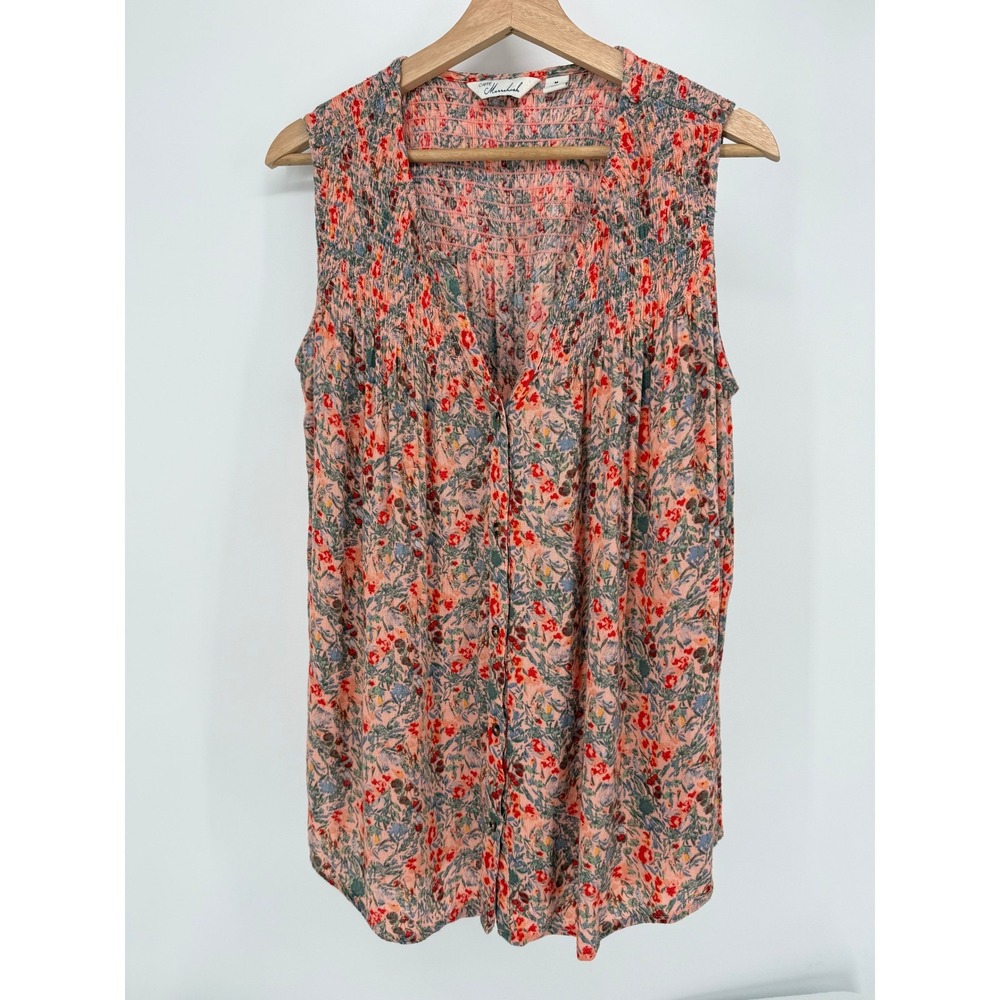 Caffe Marrakesh Floral Button Front Blouse Women Medium Coral Smocked Sleeveless